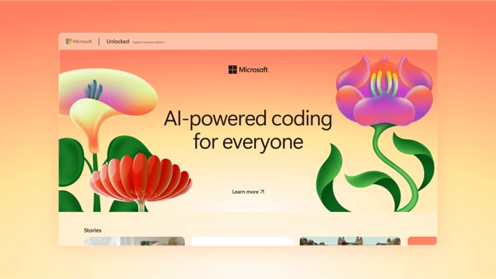 AI-powered coding webpage with colorful, stylized flowers against an orange gradient background.