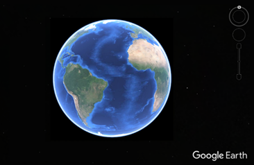 Ansicht der Erde mit dem Atlantischen Ozean zentriert, Google Earth-Logo sichtbar.