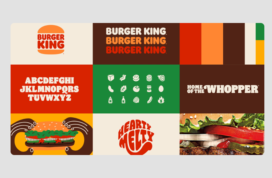 Burger King branding collage with logo, color palette, typography, icons, and a burger image.