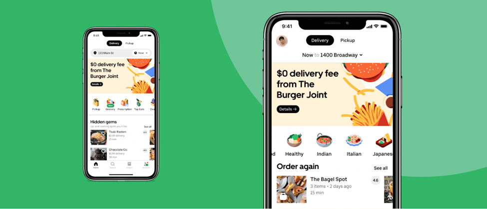 Smartphone screens displaying a food delivery app interface with options for delivery or pickup, featuring $0 delivery fee offer, and various cuisine categories like Healthy, Indian, Italian, and Japanese.