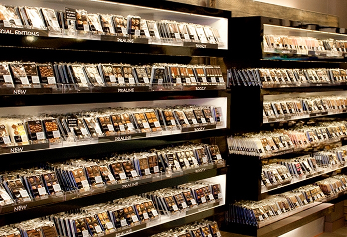 Large selection of luxury chocolates inside a Hotel Chocolat store