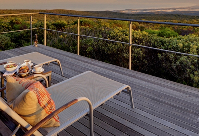 Two vacant sunloungers on a balcony overlooking a dense, green forest