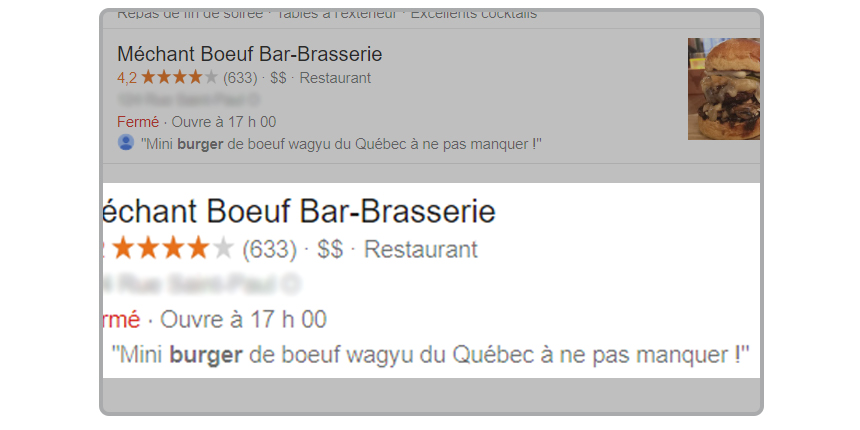 Extrait de commentaire Google pour un restaurant de hamburger