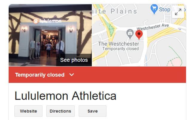 Ficha de Google My Business de la ubicación de Lululemon