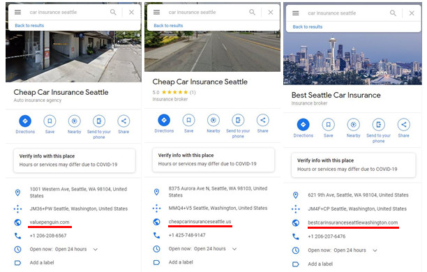 Fichas de spam en una búsqueda de "seguros de coche en Seattle"