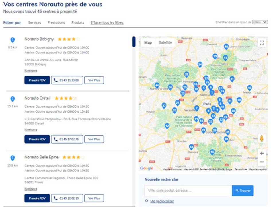 Exemple d'un Store Locator réalisé pour l'un de nos clients Norauto